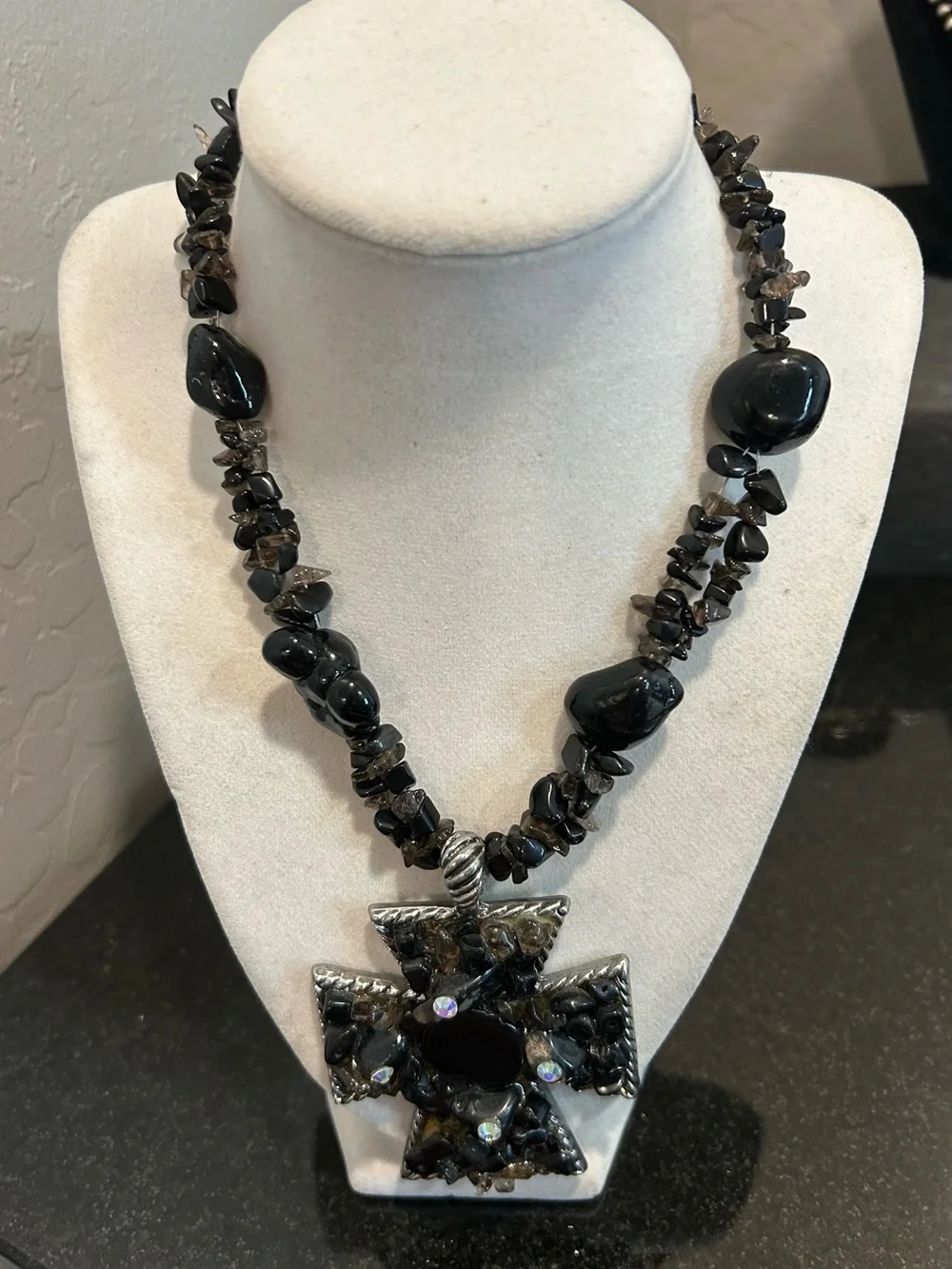 Statement Black Beaded Cross Pendant Necklace - Women's Jewelry